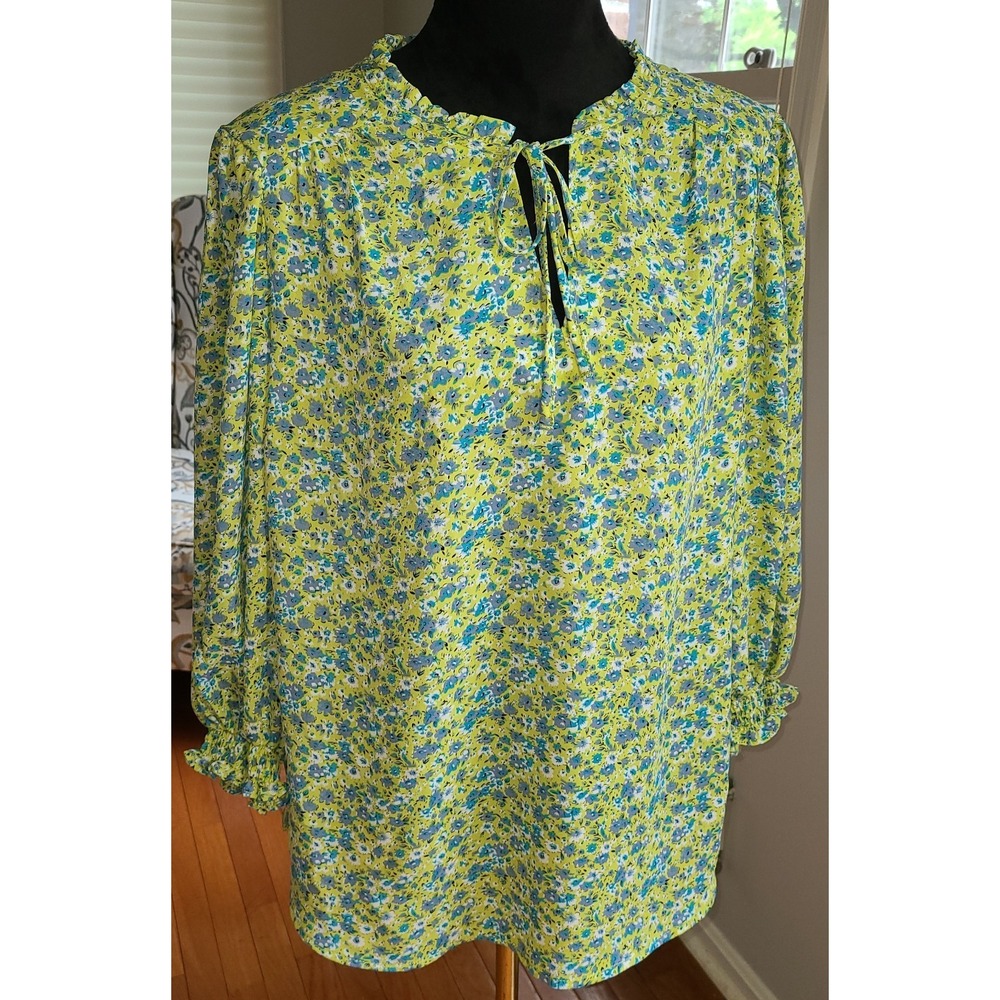 Cynthia Rowley Blouse Womens 2X Multicolor Floral Peasant V-Neck 3/4 Sleeve